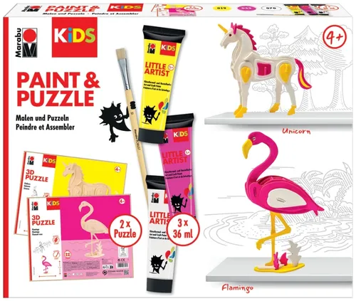 Marabu KiDS Little Artist, 3D Puzzle Set, Motiv Flamingo & Einhorn, Bastelset für Kinder ab 4 Jahren, 2 x 3D Holzpuzzle, Pinsel, 3 x 36 ml Farbe, auswaschbar, vegan, Made in Germany, 0305000000111