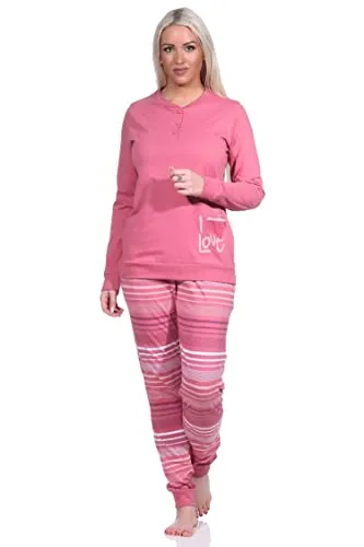 Normann Eleganter Damen Pyjama mit Herzmotiv in Altrose - Größe 48/50 - Bequemer langarm Schlafanzug mit eleganter Streifenhose und Herzmotiv. Bündchen sorgen für einen perfekten Sitz und mehr Komfort. In großen Größen erhältlich. STANDARD 100 BY OEKOTEX - für schadstofffreie Textilien.