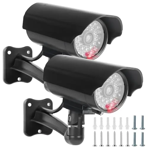 GOMETY 2 Stück Kamera Atrappe Außen mit Rot Blinkender LED, Fake Kamera Überwachungskamera Attrappe, Außen CCTV Dummy Kamera Sicherheits Fake Sicherheitskamera für den Innen und Außenbereich