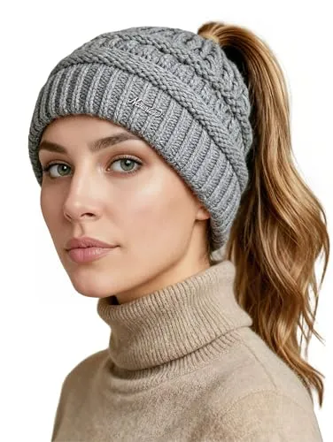 Neverless® Damen Strickmütze Mütze Zopfloch Grobstrick Ungefüttert Wintermütze Langhaar Frauen Hellgrau Unisize