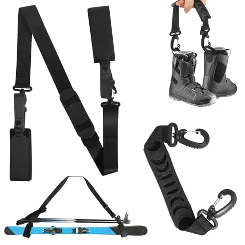 DELAESI Ski Tragegurt 2 Stück Ski Tragehilfe rutschfeste Skigurt Skitragegurt für Ski und Stöcke Verstellbare Schultergurte Ski Zubehör rutschfeste Skiträger für Stiefel und Skistöcke (Schwarz)