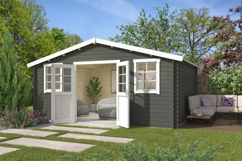 Gartenhaus Blockhaus Udo 380, 28 mm Satteldach in grün - Gartenhaus aus robustem Blockbohlen mit abschließbarer Doppeltür und Echtglasfenstern, ideal für Gartenliebhaber, die zusätzlichen Stauraum suchen.
