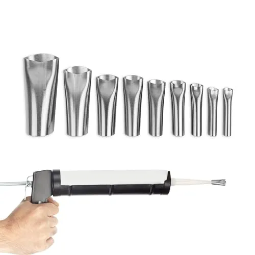 Silikonspritzen Aufsatz Set 9-teilig aus Edelstahl - Kartuschenpressen mit 9 verschiedenen Düsen von 5 bis 20 mm für präzises und sauberes Verfugen. Ideal für Silikon- und Acrylanwendungen.