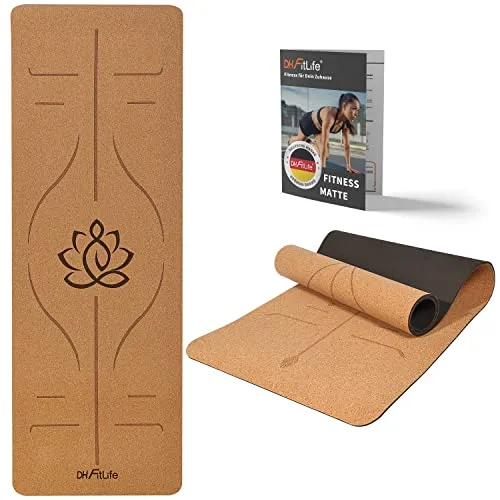 DH FitLife Yogamatte aus Kork & TPE, Gymnastikmatte 183 x 61 x 0,6 cm, Fitnessmatte rutschfest & umweltfreundlich, Sportmatte selbstreinigend, Yoga Matte mit Orientierungslinien (großer Lotos)