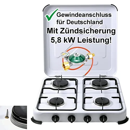 Bluecraft Campingkocher 4 flammig mit Zündsicherung Gaskocher mit 5,8 kW Leistung für Gasflaschen Vierfach Gasherd mit Zubehör Manometer Gasregler 50 mbar Gasschlauch für Camping Outdoor Freizeit