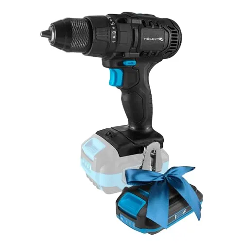 HÖGERT TECHNIK Akku-Bohrschrauber 18V, 50 Nm Drehmoment, 13 mm Auto-Lock Bohrfutter, 21+1 Drehmomentstufen, 2 Geschwindigkeiten, LED-Beleuchtung, Metallgetriebe + PROMO 2,0 Ah Akku