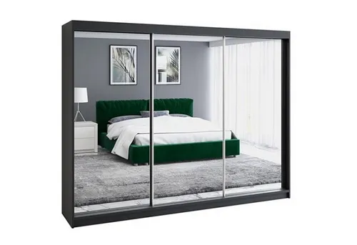 Schwebetürenschrank ULMI 200 cm - Modern & Praktisch mit 3 Spiegeln - Geräumiger 3-türiger Schwebetürenschrank mit 4 Schubladen, 2 Kleiderstangen und modernem Design. Hochwertige Materialien und einfache Montage für optimalen Stauraum.