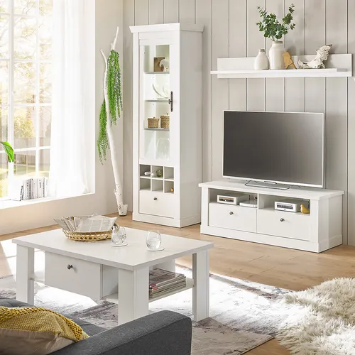 Lomadox Wohnwand RAPLA-61 mit LED-Beleuchtung - Moderne Wohnwand im Landhausstil, bestehend aus 4 Teilen. In Weiß mit melaminharzbeschichteter Oberfläche, inklusive stilvoller LED-Beleuchtung für eine gemütliche Atmosphäre.