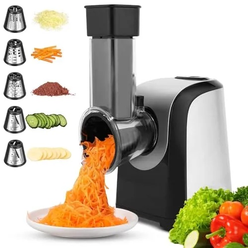 Gemüseschneider Elektrisch 150W Gemüsehobel mit 5 Klingeneinsätzen, Multifunktionsreibe Elektrische Reibe für Käse, Kartoffeln, Karotten, Obst und Gemüse