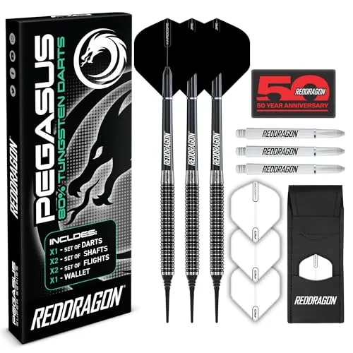 RED DRAGON Pegasus Tungsten Soft Dartpfeile - 20 Gramm: Weiße Schäfte, Weiße Flüge und Darttasche