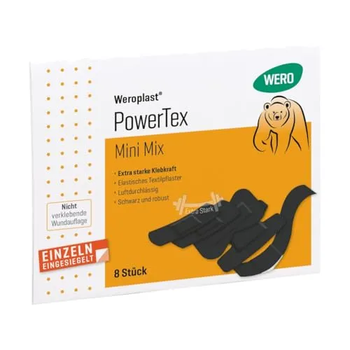 Weroplast® PowerTex Pflaster – Mini Mix, 8 Stk - Extra starke Klebkraft & schwarzes Textilgewebe - Sehr robust, längs- & querelastisch, luftdurchlässig & hautfreundlich