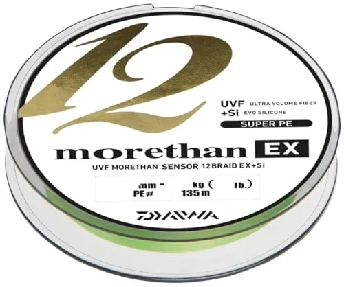 DAIWA MORETHAN 12 Braid EX+SI 135m 0,16mm - Hochleistungs Angelschnur - Angelschnur für Spinnfischen, 135m in limettengrün, 12-fach geflochten für hohe Abriebfestigkeit und Tragkraft, ideal für anspruchsvolle Angler.