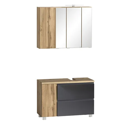 Badmöbel Set Waschbeckenunterschrank mit Spiegelschrank, 85cm, LED Beleuchtung