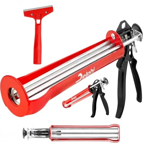 Delphi 330 ml Silikon Kartuschenpresse und Schaber - Dreifache Druckstange für das Auftragen von hochviskosen Massen - Silikonpistole für Acryl, Mörtel, Silikon und Klebstoffe