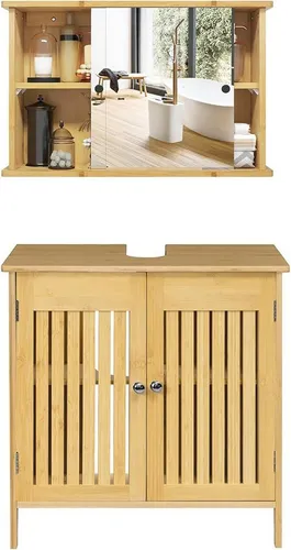 EUGAD Badmöbel-Set (2-St), Bambus Badezimmerschrank mit Spiegelschrank - Badmöbel-Sets aus umweltfreundlichem Bambus, mit einfacher Selbstmontage und elegantem Design für Ihr modernes Badezimmer.