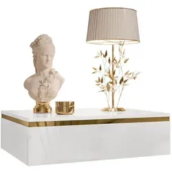 Lookway Nachttisch Weiß Hochglanz mit 1 Schublade - Eleganter Nachttisch in Weiß Hochglanz, mit goldfarbener Dekoration und griffloser Schublade für einfachen Zugang. Ideal für ein modernes Schlafzimmer.