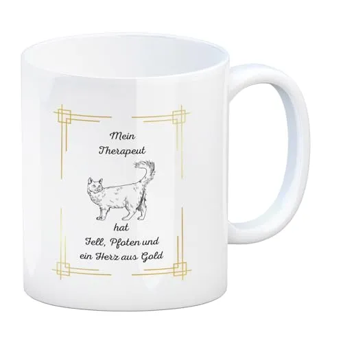 Katze Kaffeebecher eine bunte Tasse für Tierliebhaber Mein Therapeut hat Fell, Pfoten und ein Herz aus Gold Tiere Kaffeetasse schön