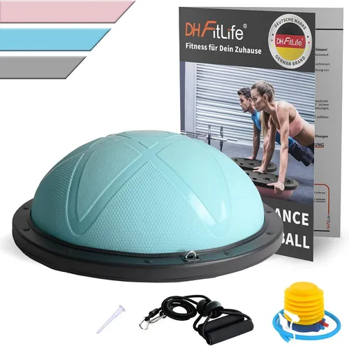 DH FitLife Balanceboard Balance Ball - Beidseitig einsetzbarer Yoga Gleichgewichtstrainer - Beidseitig nutzbarer Balance Ball für effektives Stabilisations- und Beweglichkeitstraining. Inklusive Pumpe und zwei Fitnessbändern, ideal für Fitnessfans bis 200 kg.