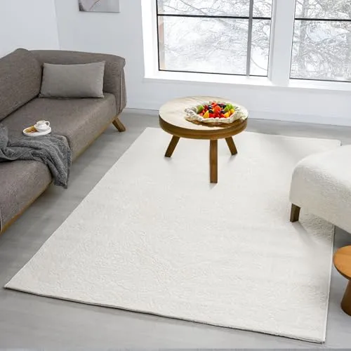 VIMODA Teppich Wohnzimmer Teppich Schlafzimmer, Flur, küche Kurzflor Orient Design Vintage Hoch-Tief-Effekt Modern 3D Weich, Farbe:Creme, Maße:120 x 170 cm