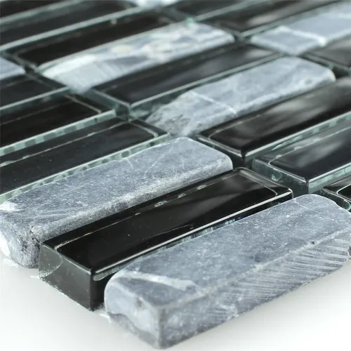 Mosaikmatte Glas Marmor Naturstein Fliesen Schwarz Grau Mix