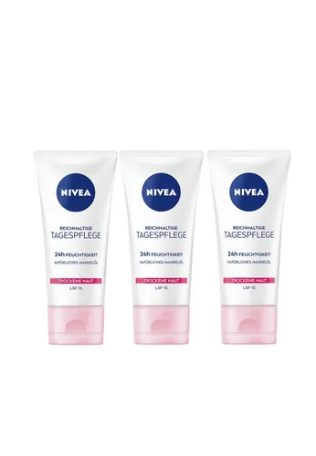Nivea Tagescreme Reichhaltige Tagespflege LSF 15 3 x 50ml - Feuchtigkeitscremes mit 24h intensiver Pflege, angereichert mit Mandelöl und LSF 15 für zusätzlichen Schutz vor Hautalterung.