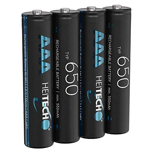 HEITECH 650 Akku AAA Micro - 4× NiMH Wiederaufladbare Batterien mit min. 550mAh & 1,2V - Akkus mit geringer Selbstentladung für Geräte mit hohem Stromverbrauch - Akkubatterien ideal für Telefon