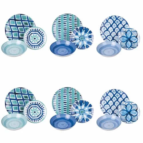 Villa d'Este Home Tivoli 18-teiliges Tafelservice aus Porzellan, 3 verschiedene Teller, Aquazul