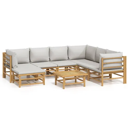 vidaXL 8-tlg. Garten-Lounge-Set mit Kissen Hellgrau Bambus - Elegantes Gartenmöbel-Set aus robustem Bambus für höchsten Komfort. Genieße entspannte Stunden im Freien mit bequemen, dick gepolsterten Kissen und einem praktischen Tisch.