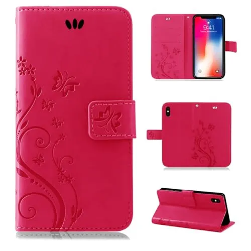 betterfon Hülle Kompatibel mit Apple iPhone X | Premium PU Leder Handyhülle Wallet Case für iPhone X | Schutzhülle Blumen Klapphülle Handyhülle | Pink