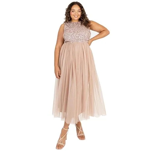 Maya Deluxe Vrouwen Midaxi Jurk Dames Mouwloze Pailletten Hoge Empire Taille Tule Versierd voor Bruiloft Gast Bal Bruidsmeisje, Bessen, 46