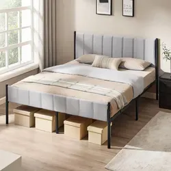 VASAGLE Doppelbettgestell, 160 x 200 cm, Bettgestell, mit gepolstertem Kopfteil, Bettrahmen, Stahl, trägt bis zu 500 kg, einfache Montage - Grau