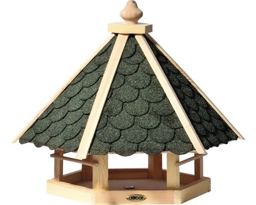 dobar 98521FSCe Großes Vogelfutterhaus - Vogelvilla 6-eckig - Futterstationen für Wildvögel aus wetterfestem FSC-Kiefernholz mit schützenden Bitumenschindeln, ideal für die Fütterung von Wildvögeln im Garten.