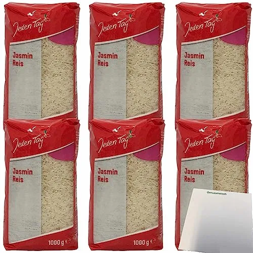Jeden Tag Jasmin Reis Langkorn-Spitzenreis körnigkochend blumiges Aroma 6er Pack (6x1 kg Packung) + usy Block