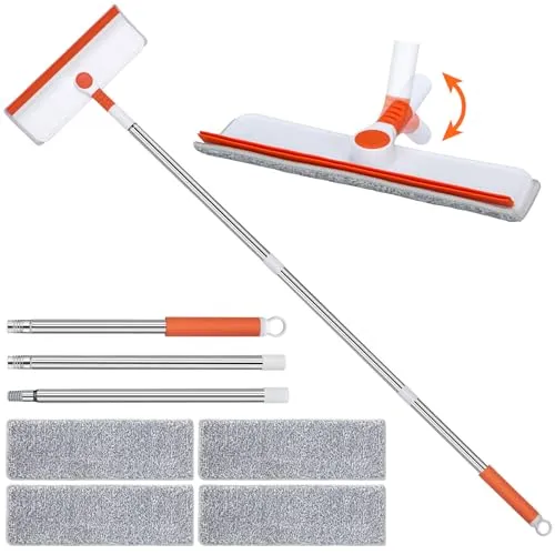 Alyvisun Fensterputzer Teleskop, Professioneller Fensterwischer mit Verlängerungsstange [132cm], 2 in 1 Fensterputzer Set mit Silikonabzieher & 4 Mikrofaserschrubber für Hohe Fenster