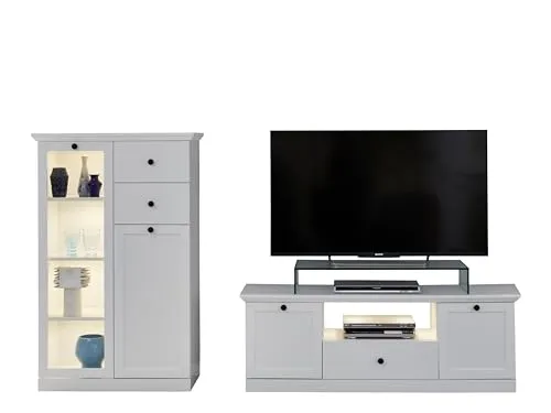 trendteam Wohnwand BrandsonBaxter - Stilvolle Stauraumlösung in Weiß - Wohnwände - Praktische Anbauwand in mittlerer Größe, elegantes Design mit weißen Fronten und schwarzen Griffen, ideal für jeden Raum.