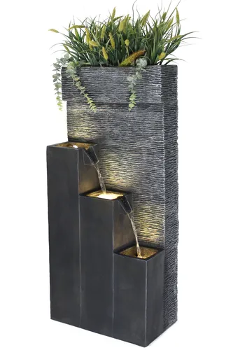 Großer Gartenbrunnen BK846 mit LED Beleuchtung - Spring- & Zierbrunnen, 100 cm hohe Kaskade mit eleganter LED-Hintergrundbeleuchtung für eine stimmungsvolle Gartengestaltung.