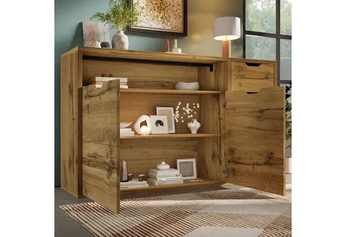 MODFU Sideboard 150x40x90 cm in warmer Eicheoptik mit 4 Schubladen & 2 Türen