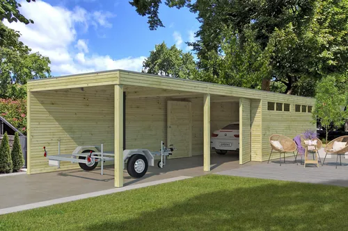 Fjordholz Holzgarage QB-Line 15,30 m² + 600 cm Anbau - Massive Holzgarage mit 28 mm starken Wänden aus nordischer Fichte, wetterfestem OSB-Dach und modernem Design. Inklusive Montagematerial und Aufbauplan für einfache Installation.