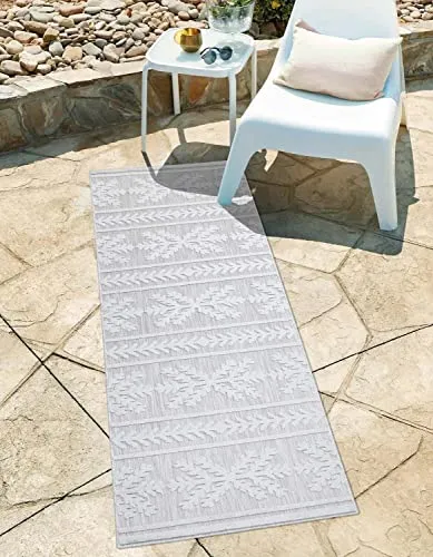 carpet city In-& Outdoor Teppich - Läufer 80x250 cm - für Innen-& Außenbereich - Wetterfest Balkon-Teppich, Terrasse, Flur, Küche - Wohnzimmer-Teppiche - Hochtief/ 3D-Effekt - Ethno-Optik in Grau