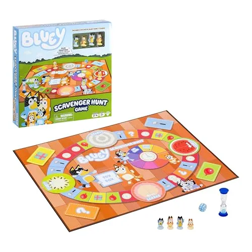 Bluey Schnitzeljagd-Spiel Ein lustiges Brettspiel voller Spaßaktivitäten zum Ausführen, Dinge zum Finden und Fragen über Bluey zum Beantworten