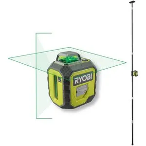 Ryobi Kreuzlinienlaser RB360GLL - Präziser 360° Laser mit Teleskopstange - Messgeräte: Selbstnivellierender grüner Laser mit exzellenter Sichtbarkeit, ideal für präzise Ausrichtungen bis 20m. Inklusive Teleskopstange für Höhenverstellungen und einfache Handhabung.