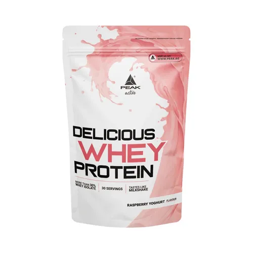 Peak Delicious Whey Protein 900g - Raspberry Yogurt - Sportnahrung mit hochwertigem Whey Konzentrat & Isolat, ideal für Muskelaufbau. Enthält EAAs & BCAAs für optimale Leistung.