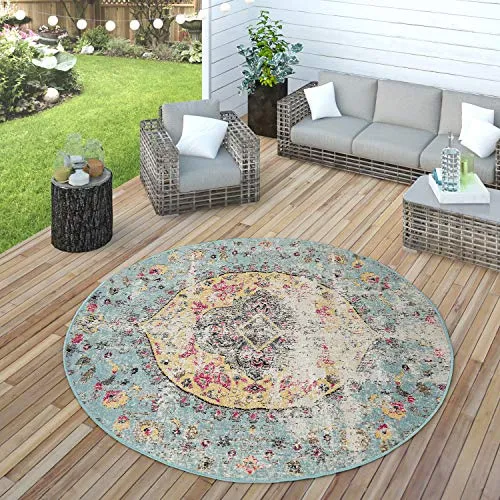 Paco Home In- & Outdoor Teppich Modern Orient Print - Teppich für drinnen und draußen, wetterfest und robust, ideal für Terrasse oder Balkon, Ø 160 cm, mit modernem Orient-Design.