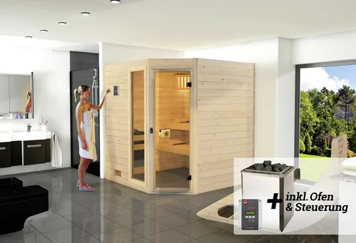 Weka Sauna VALIDA 7,5 kW OS Gr.2 mit Glastür - Sauna mit 7,5 kW Leistung, bietet entspannende Wellnessmomente und ein modernes Design durch die Glastür mit Fenster.