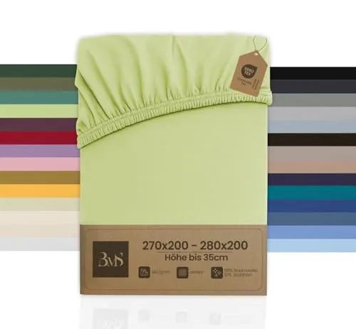 Bettwaesche-mit-Stil Familienbett Spannbettlaken Jersey Spannlaken Spannbetttuch (270x200-280x200 cm, Matratzenhöhe bis 35cm, Frühlings Grün) Gewicht: 180g/m², 90% Baumwolle 10% Elasthan