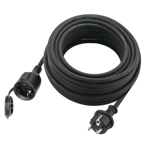 Verlängerungskabel Outdoor 20m für den Außenbereich, Gummi Verlängerung Stromkabel mit Schuko Stecker, IP44 Verlängerungsleitung 3G1,5 mm² Kabel, Elektrokabel außen, mit Schutzkappe, 3500w, Schwarz