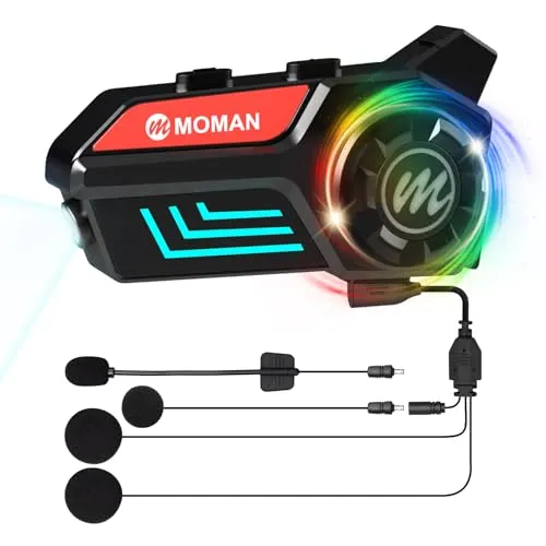 Moman Motorrad Helm Headset, H4S mit【LED Scheinwerfer & RGB】 Motorcycle Kopfhörer mit Knopf-Design AI-Sprachassistent Automatische Antwort Wasserdicht, Motorrad-Kopfhörer-Headset-Motorradhelm-Helmet