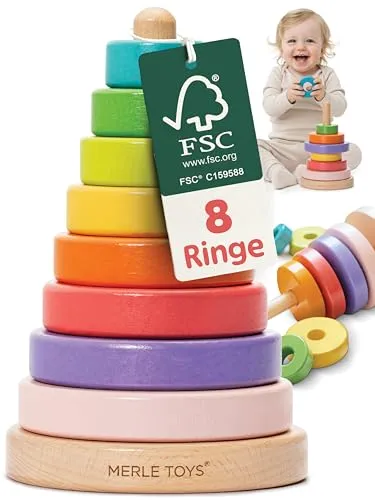 MERLE TOYS® Stapelturm Holz – Bunter Montessori Stapelspaß für Babys - Motorikspielzeug aus 100% ökologischem Buchenholz mit 8 farbenfrohen Ringen, fördert spielerisch Feinmotorik und Kreativität – ideal für kleine Entdecker ab 1 Jahr.