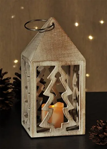 Haushalt International Holzlaterne Weiss beleuchtet mit 1 warmweissen LED Batteriebetrieb 54851