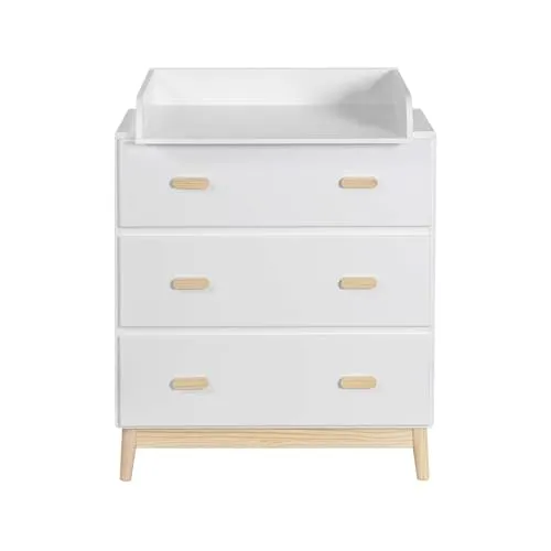 Rebecca Mobili Wickeltisch mit Schubladen - Kompakter Wickeltisch in Weiß und Braun, abnehmbar zur Nutzung als Kommode, ideal für die Aufbewahrung von Windeln und Kleidung im Kinderzimmer.